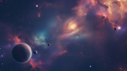 Obraz premium Cosmic Vista of Distant Galaxies and Planets . An awe-inspiring cosmic scene with vibrant galaxies, glowing nebulas, and multiple planets against the backdrop of the starry universe. 