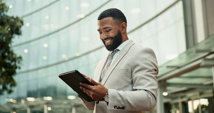 Happy, tablet and business black man in city by office building for communication, typing email and contact. Professional, travel and person on digital tech for social networking, website and news