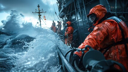 The sea has strong waves. But crews work together to maintain safe and efficient operations using experience. - obrazy, fototapety, plakaty