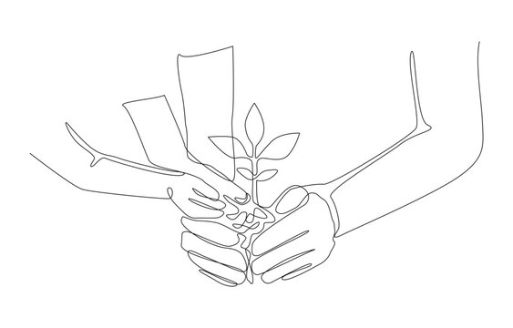 recommend clip art: Continuous one line drawing of adult hands and child hands holding young plant for planting, agriculture ecology, cultivating nature conservation concept, single line art