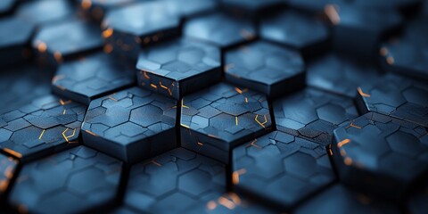 Black, blue hexagons background pattern 3D rendered.