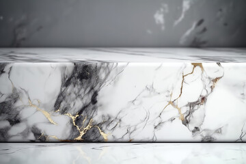 Marble countertop or tabletop, close up. White marble texture with gold veins. Marbled surface. Abstract background. Marble sample. Natural material for interior design, concept