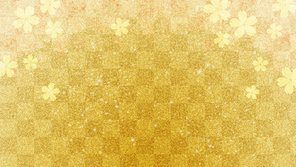 金色の格子柄背景に桜の花が散る背景イラスト