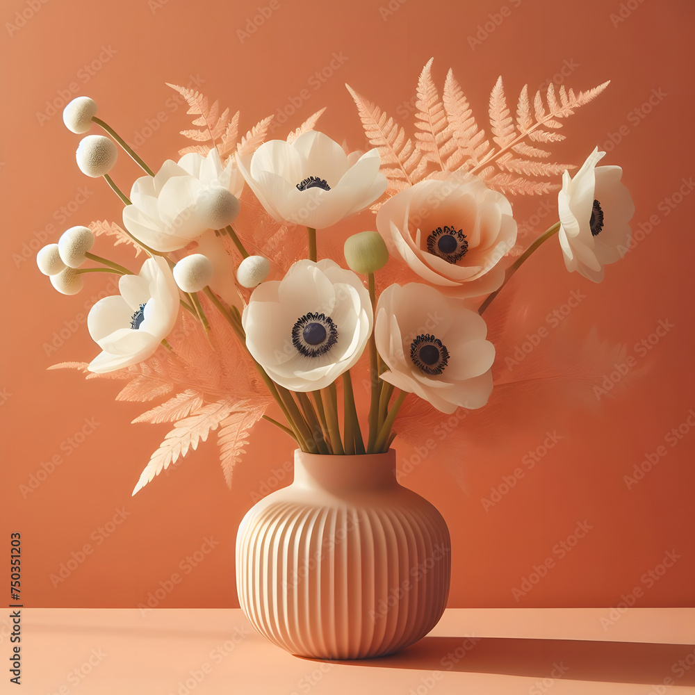 Poster white anemone flowers in a peach fuzz color vase on minimal orange background generative ai