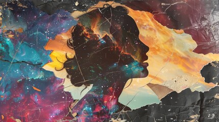 Beautiful Woman in the Magic of the Universe Background - Cut and Ripped Magazine Collage Poster Style Wallpaper created with Generative AI Technology