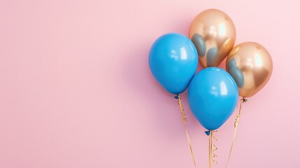 Blaue und goldene Luftballone vor rosa Hintergrund 