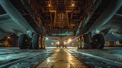 The front landing gear of a large cargo plane lifts the aircraft off the ground to carry valuable cargo. - obrazy, fototapety, plakaty