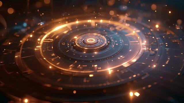 An intricate and futuristic clock is displayed its gears and hands constantly moving and changing. Surrounding the clock are swirling lines and data points representing the