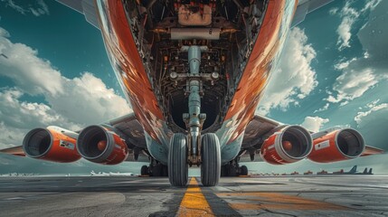 The front landing gear of a large cargo plane lifts the aircraft off the ground to carry valuable cargo. - obrazy, fototapety, plakaty