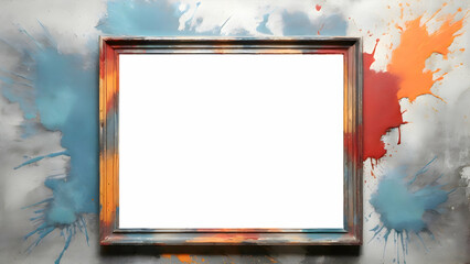Empty white square wooden frame on the wall with paint splash background on dirty wall.