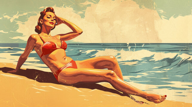 Vintage illustration of a beautiful pin-up girl in two-piece bikini on beach