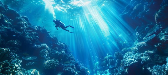 Fototapeta na wymiar A person scuba diving underwater sea with shiny sun light from the surface. Generative AI technology. 