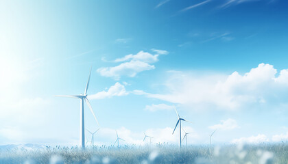 A large group of wind turbines are lined up in a field