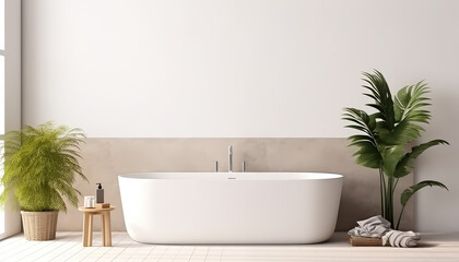 A white bathtub is surrounded by potted plants and a vase - obrazy, fototapety, plakaty