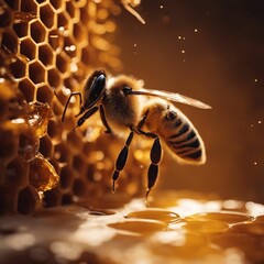 Graceful Bee Flying over Luscious Honeycomb in a summer day inspiring nature background - obrazy, fototapety, plakaty