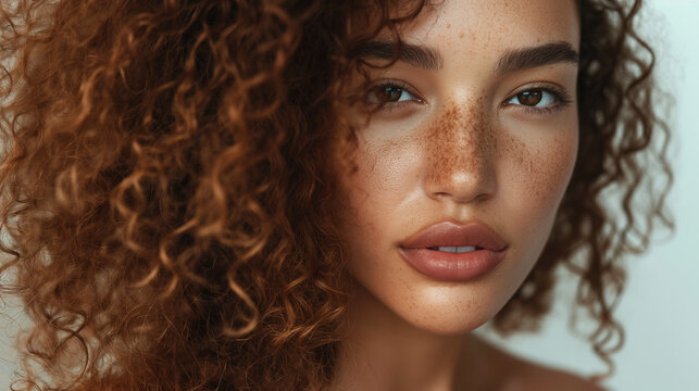 Young curly red-haired woman with perfect smooth skin and freckles isolated over white background. Concept of natural beauty, plastic surgery, cosmetology, cosmetics, skin care. Closeup portrait. Gene