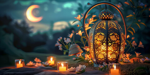 the moon and lantern decorated with flowers, lantern , ramadan kareem, mawlid, iftar, isra miraj, eid al fitr adha, muharram, Modern Islamic holiday banner 