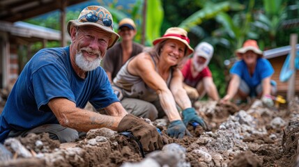 The joy of service radiates from this group of smiling retirees as they help build a community center on their volunteer trip abroad. - obrazy, fototapety, plakaty