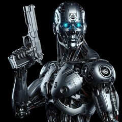 Fototapeta premium Futuristic Robotic Soldier Aiming Gun Cybernetic Weaponry Concept