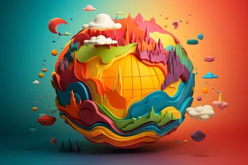 Poster Environment, travel, earth day, landscape concept. Colorful planet Earth minimalist and surreal mockup illustration. Three dimensional or cut paper art style © Rytis