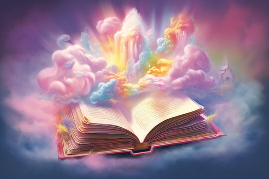 World book day, fantasy, and leisure concept. 3D style surreal Illustration of magical book with fantasy stories inside it