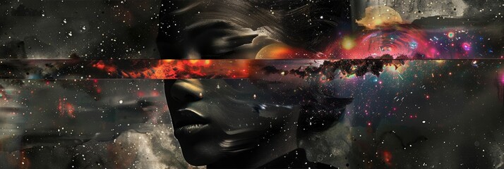 Beautiful Woman in the Magic of the Universe Background - Cut and Ripped Magazine Collage Poster Style Wallpaper created with Generative AI Technology