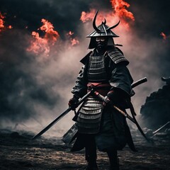 Intense Samurai Warrior Standing Proudly in Front of a Roaring Fire