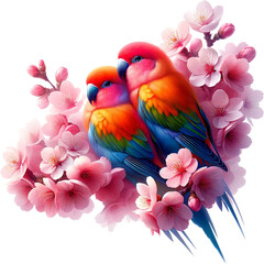 Fototapeta premium Lovebirds Amidst Pink Blossoms : pink and yellow macaw isolated on solid white background