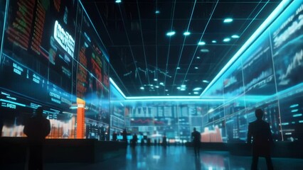 A virtual stock market floor complete with bustling traders and soaring stock prices immerses the viewer in the dynamic world of financial data visualization.