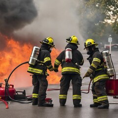 Courageous Firefighters Battling Intense Flames in Front of a House on Fire