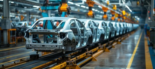 Fototapeta premium Row of car frame trasnsport by rail system at factory. Generative AI technology.