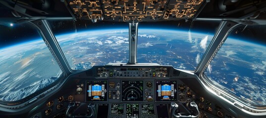 Space aircraft cockpit view. Generative AI technology.	
 - obrazy, fototapety, plakaty