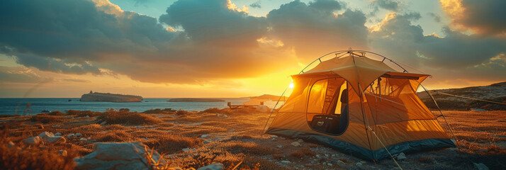 Camping  tent on the side of the desert road at sunset or sunrise , adventure travelling