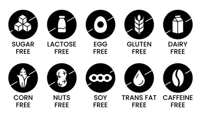 Set allergen free icons. Allergen free products. Products warning symbols. Lactose free, gluten free, sugar free, corn free, egg free, trans fat free, soy free, nuts free, coffeine free sign.