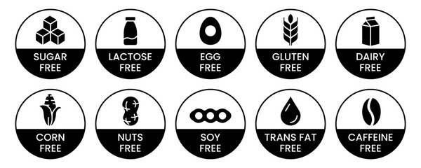 Set allergen free icons. Allergen free products. Products warning symbols. Lactose free, gluten free, sugar free, corn free, egg free, trans fat free, soy free, nuts free, coffeine free sign.
