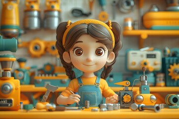 Cartoon Girl Working in a 3D Rendered Workshop