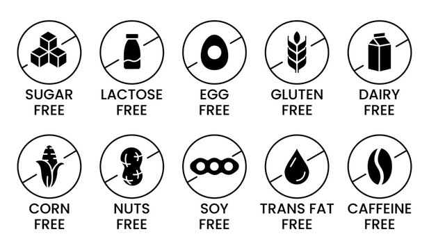 Set allergen free icons. Allergen free products. Products warning symbols. Lactose free, gluten free, sugar free, corn free, egg free, trans fat free, soy free, nuts free, coffeine free sign.