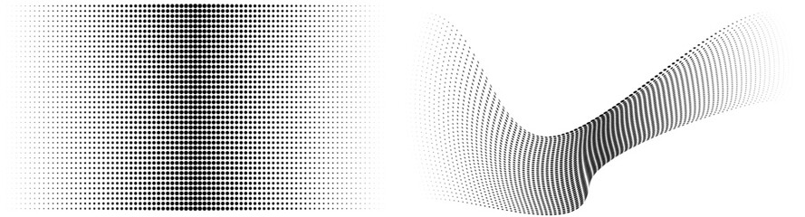 Flowing dot particles wave pattern halftone black gradient smooth curve shape isolated on transparent background. Vector in concept of technology, science, music, modern.