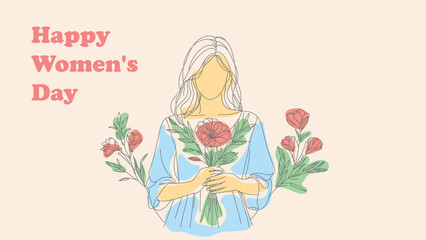 Woman Holding Flowers With Happy Womens Day Words, International Women's Day, March 8, Mother's Day, Flowers and Plants, Green and Pink, Blue, Isolated, Celebrating