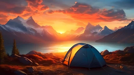 Foto op Plexiglas Camping at sunset, view of camping tent in summer evening © Derby