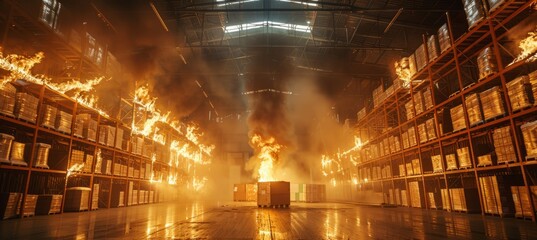 Fototapeta premium Box goods on fire at warehouse. Generative AI technology.