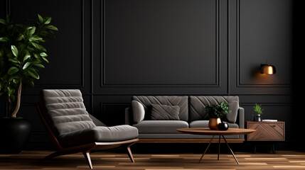 Modern luxury living room interior background living room interior mockup interior with black walls dark interior of living room with black wall chair and wooden console