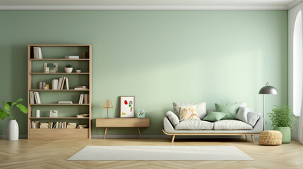 Modern mint color living room interior with arch and blank poster on wall Light green chest of drawers and bookshelf Parquet floor