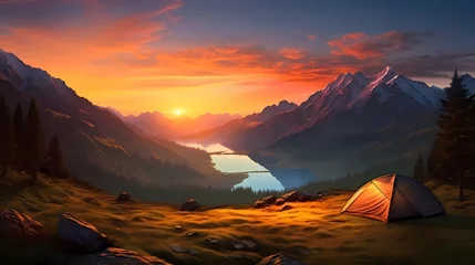  Camping at sunset, view of camping tent in summer evening © Derby