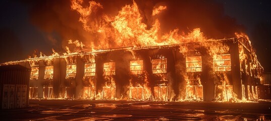 Burning warehouse building. Generative AI technology.
