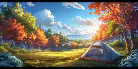 a tent in the middle of a scene in the forest, Camping tent in a camping in a forest - obrazy, fototapety, plakaty