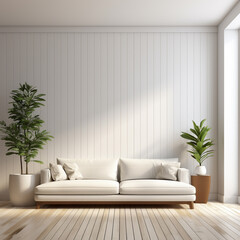 Fototapeta na wymiar Modern white living room interior 3d rendering imageA blank wall with pure white Decorate wall with extrude horizon line pattern and hidden warm lightar 169