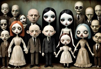 a 3d style illustration of a haunted family of scary puppets, evil, weird, macabre. All have blank expressions on their faces. Drab looking background.