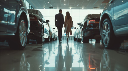 Couple walking between cars in a car showroom