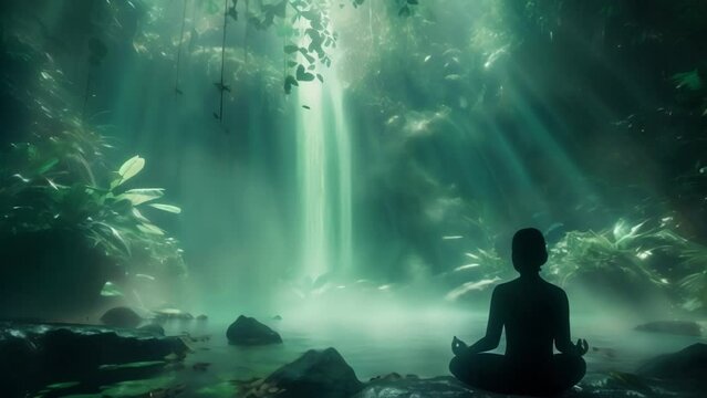As a person practices mindfulness in a holographic rainforest they feel the mist of a waterfall and hear the sounds of birds and insects fully immersing themselves in the
